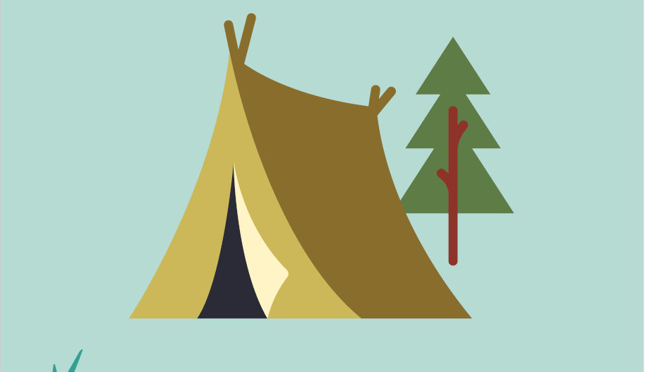 un dessin avec une tente  et un sapin